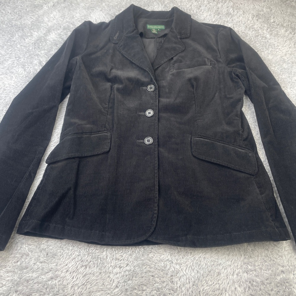Lauren Ralph Lauren Blazer Women 10 Black Corduroy 3-Button Tailored Jacket - Picture 2 of 9